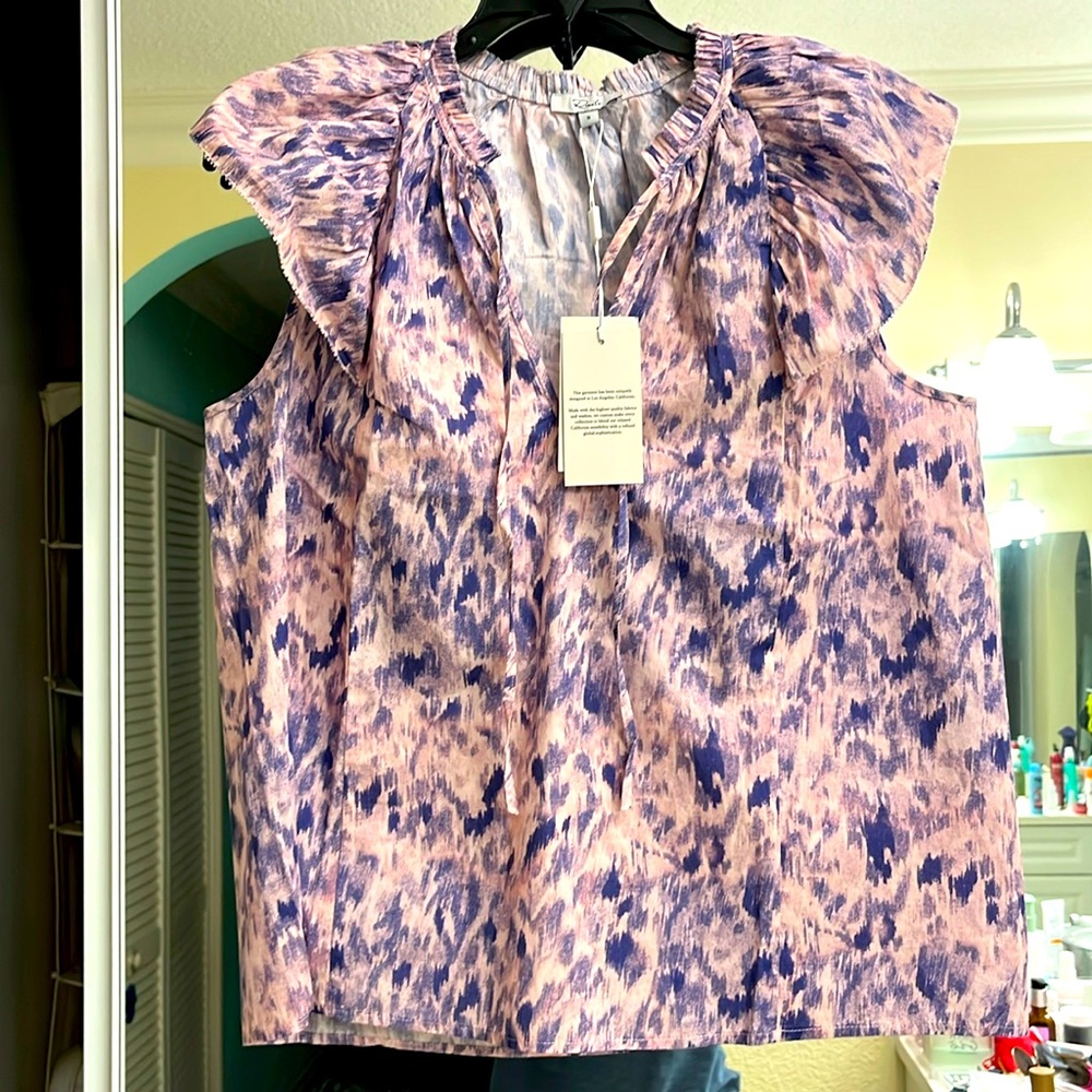 NWT Rails Karysa Pink Ikat Ruffle Sleeve 100% Cotton Top size S